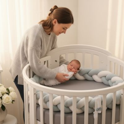 Maman dépose bébé lit tresse de lit bebe bleue blanche