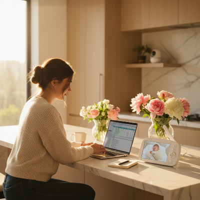 Maman télétravail bureau marbre fleurs  moniteur cam bebe