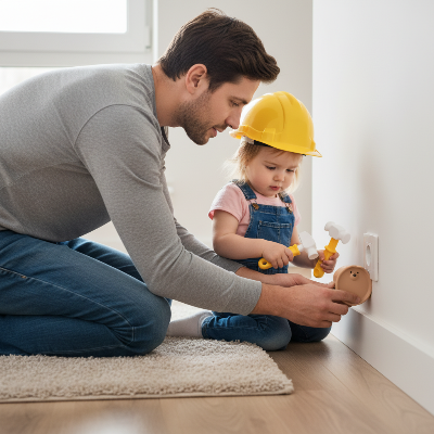 Papa installant un cache prise mural ourson avec sa fillette en tenue de construction