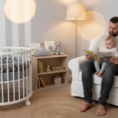 Papa lit histoire bébé côté lit rond tour de lit tresse gris