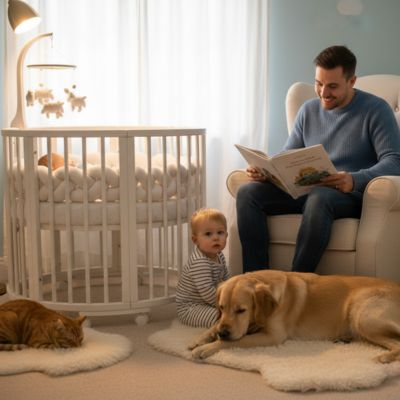 Papa lit histoire deux enfants lit rond tour de lit tresse animaux compagnie