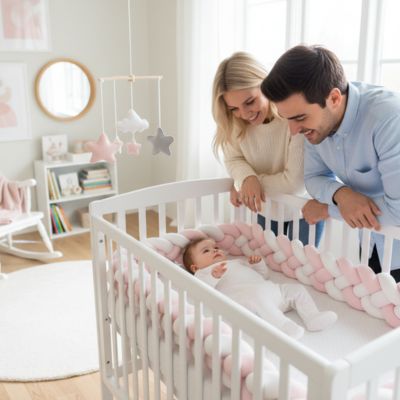 Papa maman souriant regardant bébé tresse de lit bébé rose blanc