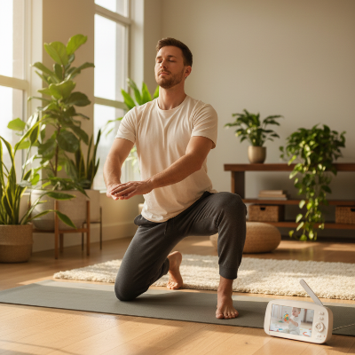 Papa yoga salon tapis plantes vertes cam bebe