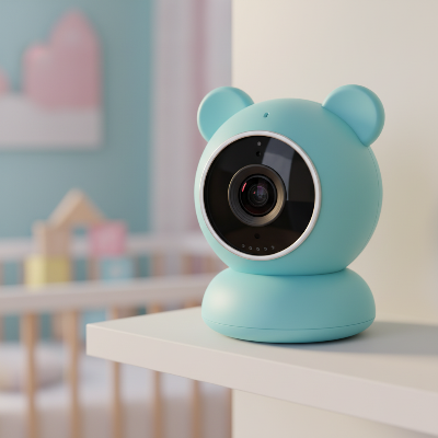 Qualité image HD camera bebe bleue oreilles ours gros plan tablette blanche