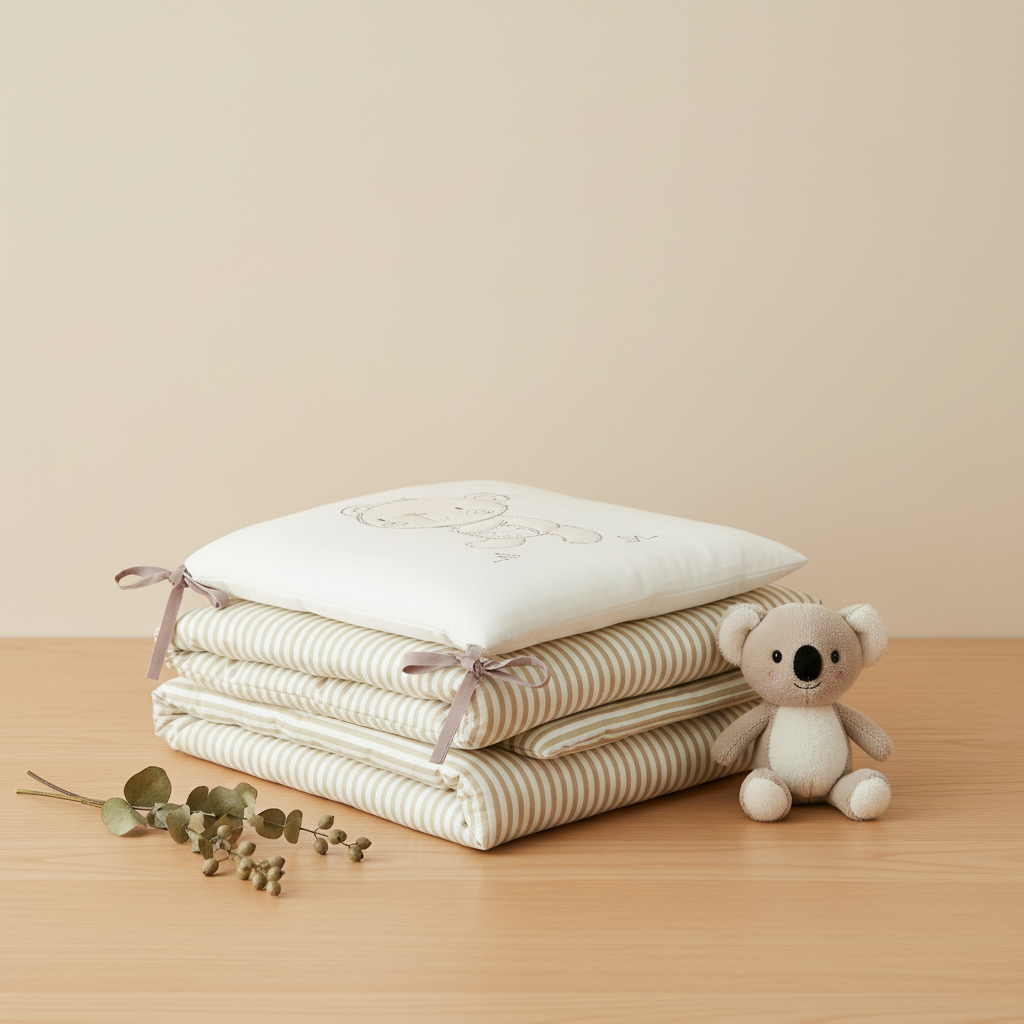 Tour de lit bébé avec motif ourson  rayures beige