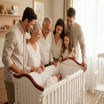 Tour de lit bébé blanc avec visite  famille