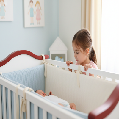 Tour de lit bébé bleu avec sœurs