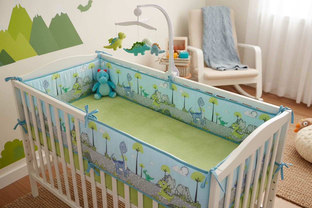 Tour de lit bebe dinosaure vert et bleu chambre enfant