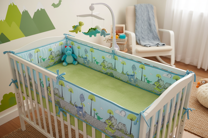 Tour de lit bebe dinosaure vert et bleu chambre enfant