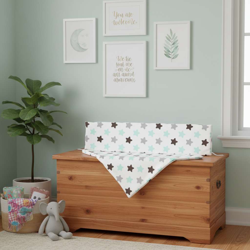 Tour de lit bebe étoiles multicolores sur coffre en cèdre