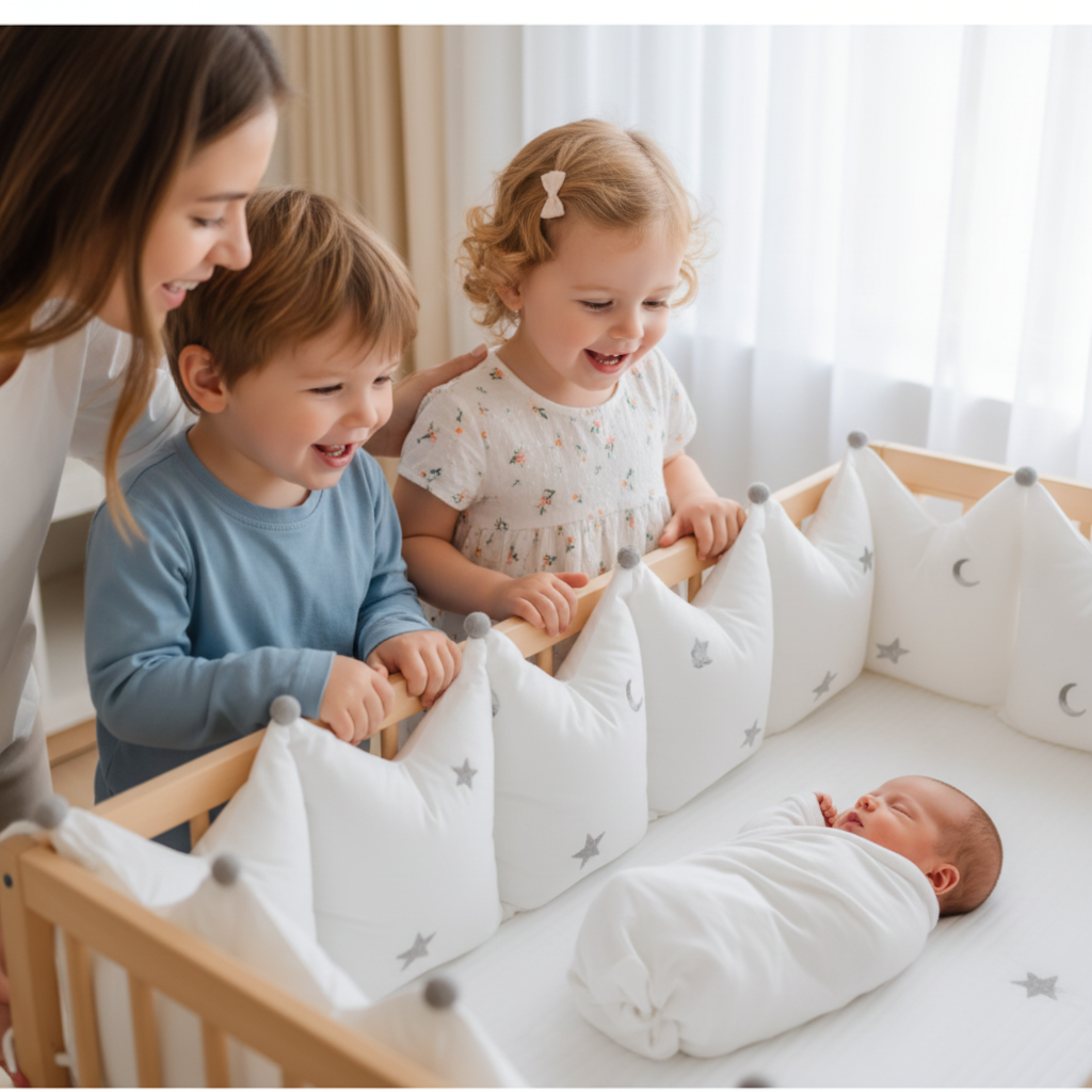Tour de lit bebe frère  sœur maman avec bébé