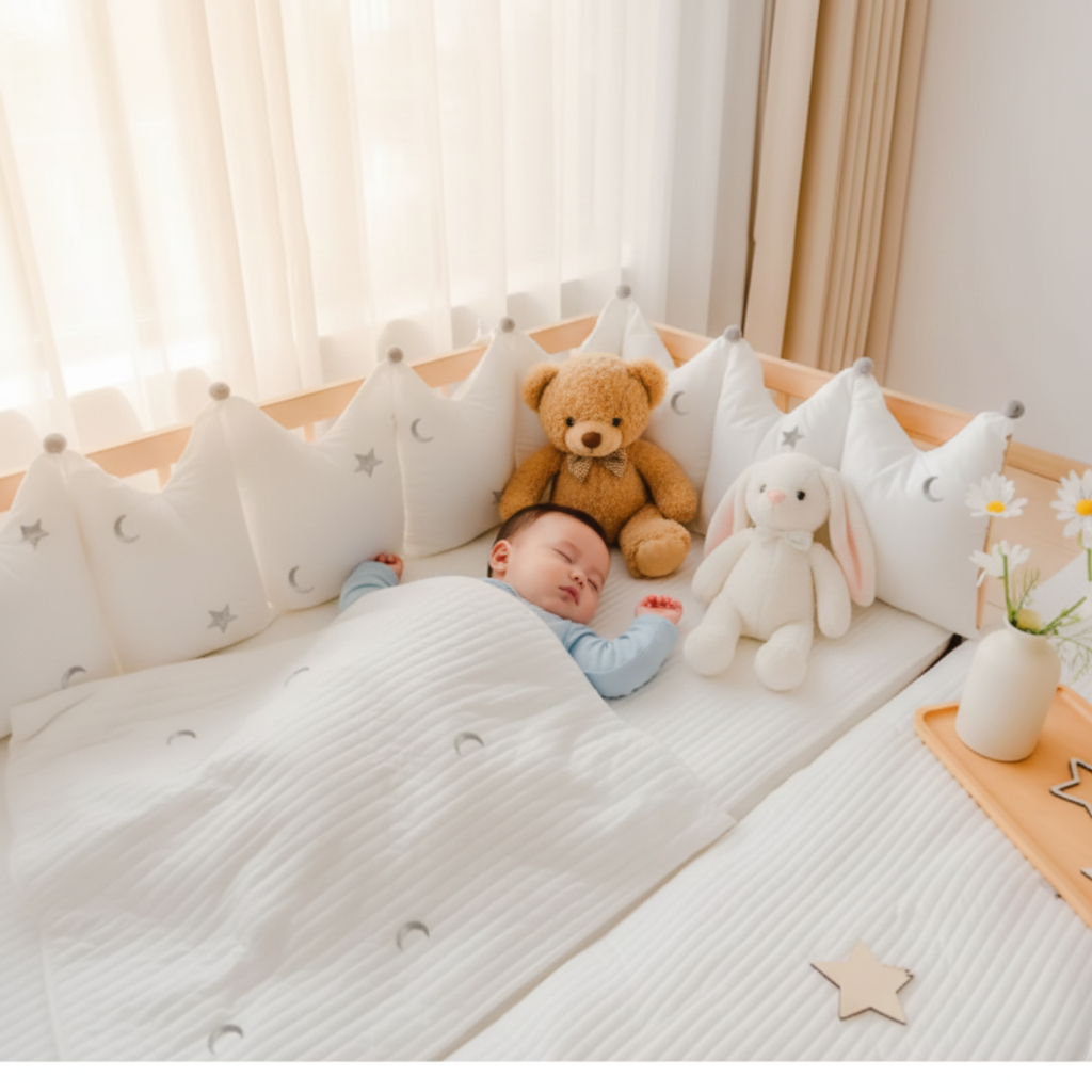 Tour de lit bebe garçon endormi avec peluches ourson et lapin