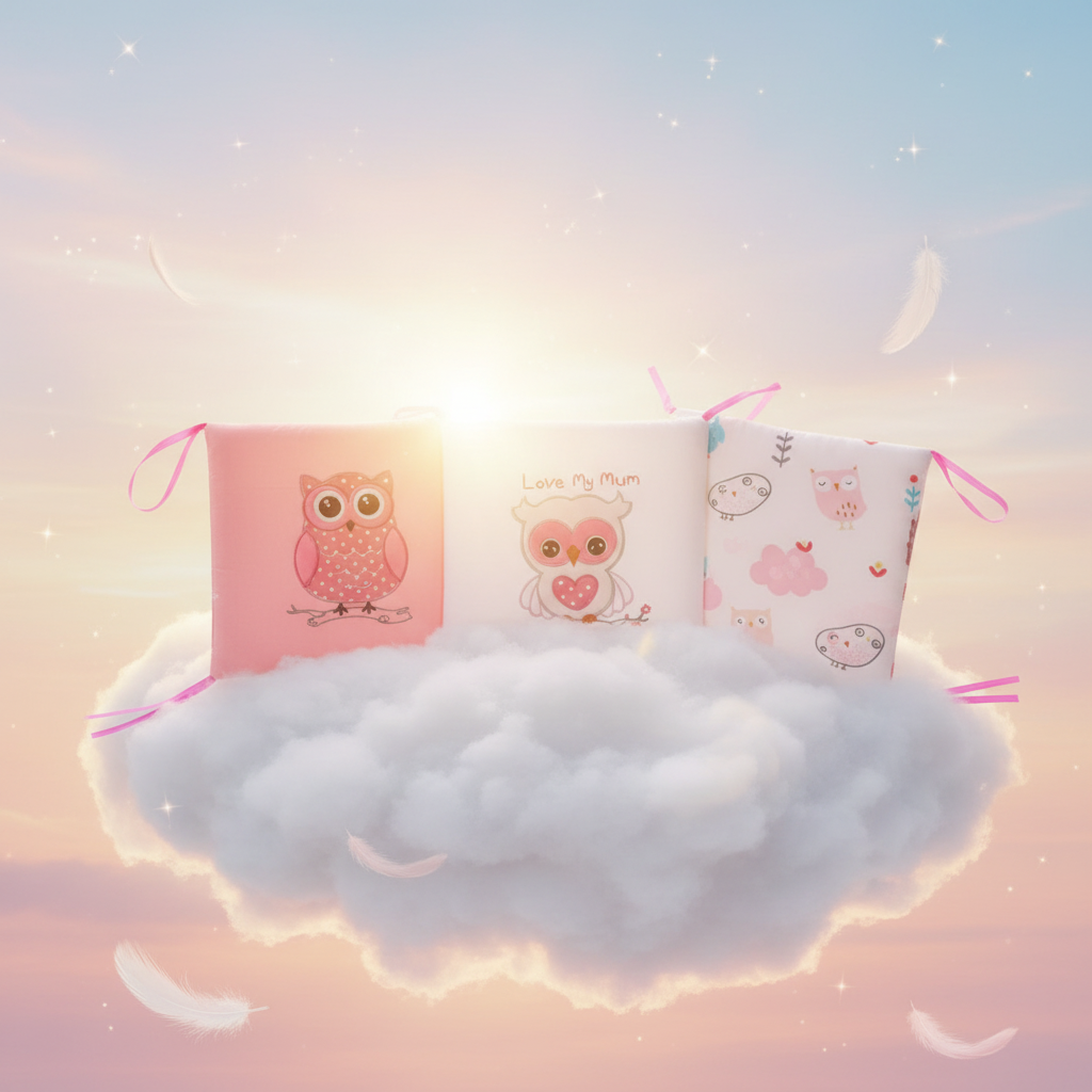 Tour de lit bébé hiboux rose sur nuage