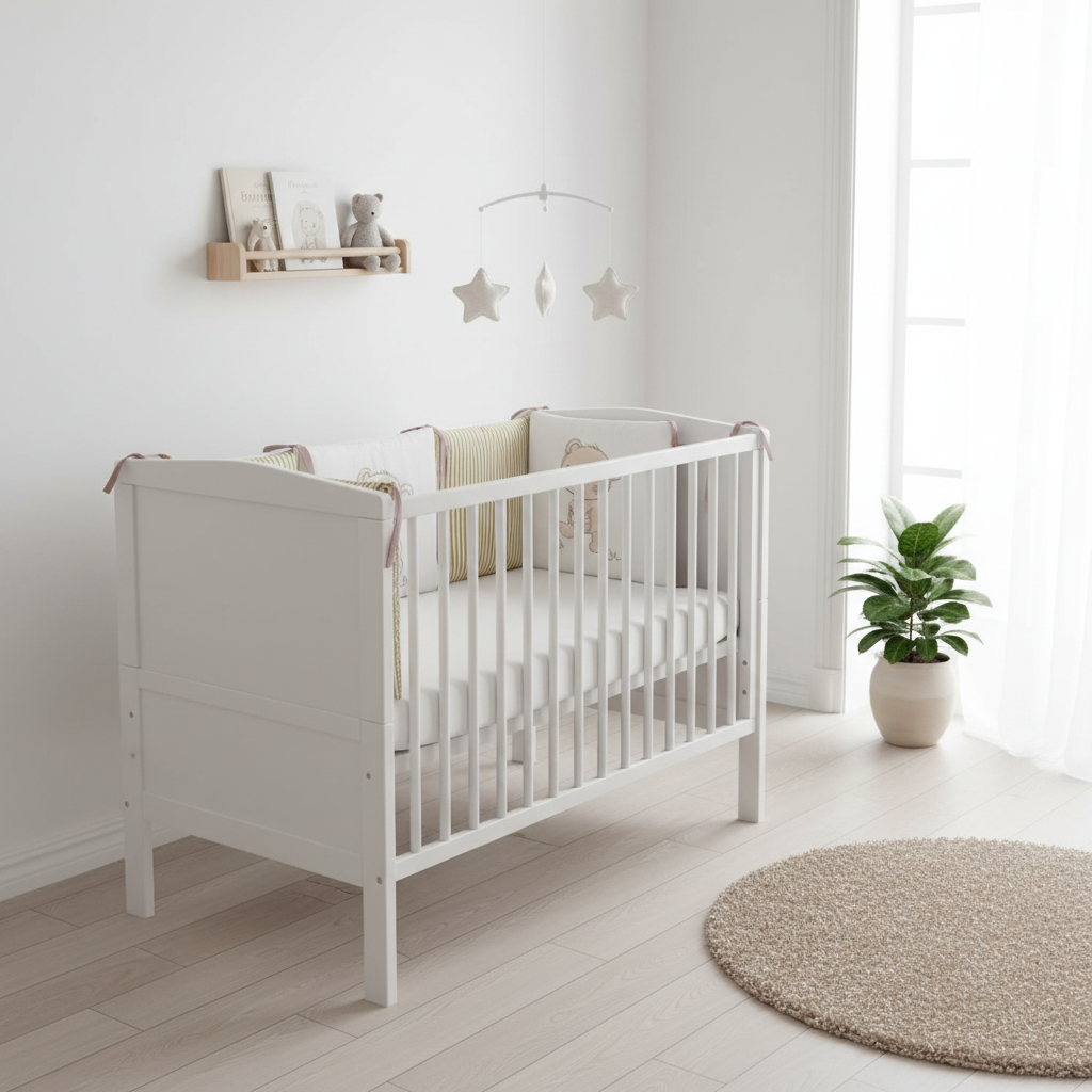 Tour de lit bébé avec motif ourson dans chambre scandinave