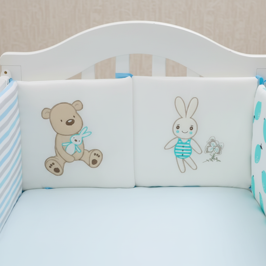 Tour de lit bébé avec motifs ourson et lapin bleu