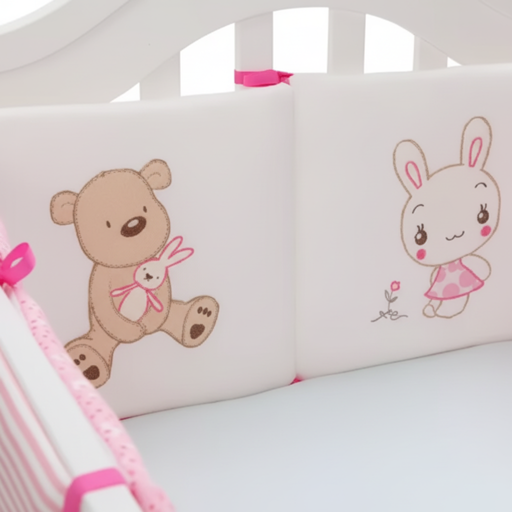 Tour de lit bébé motifs ourson et lapin rose