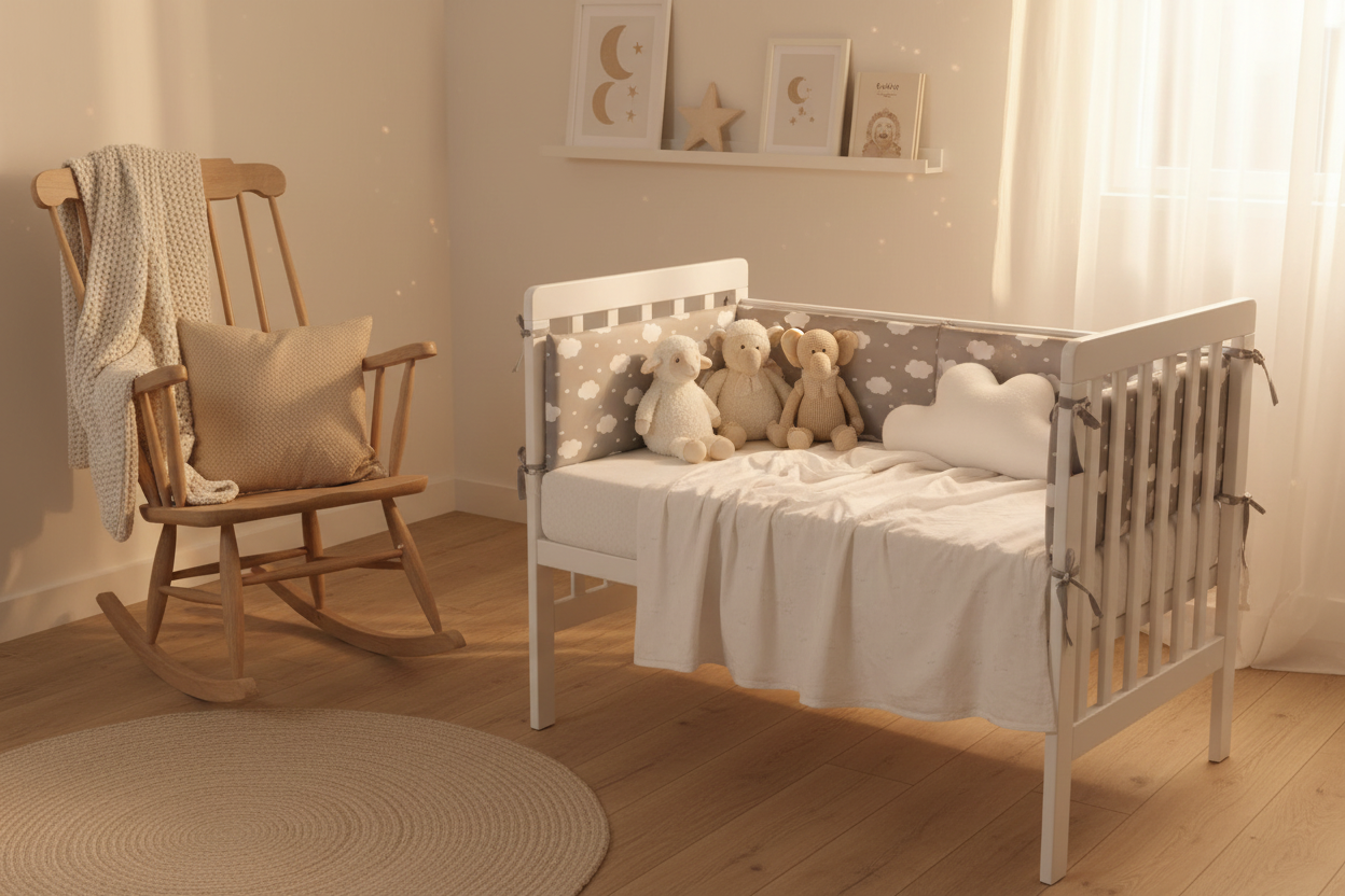 Tour de lit bebe nuages gris dans chambre chaleureuse