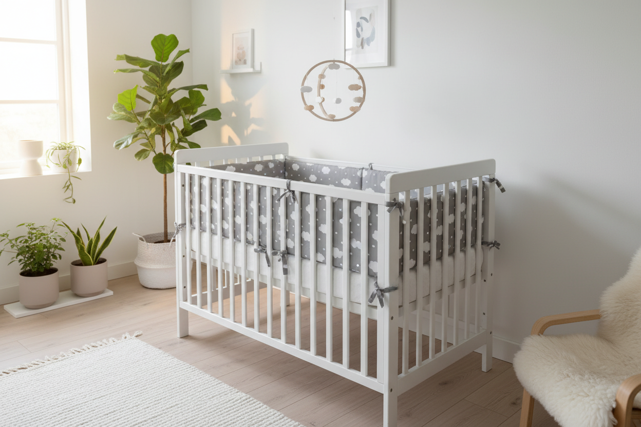 Tour de lit bebe nuages gris dans chambre scandinave lumineuse
