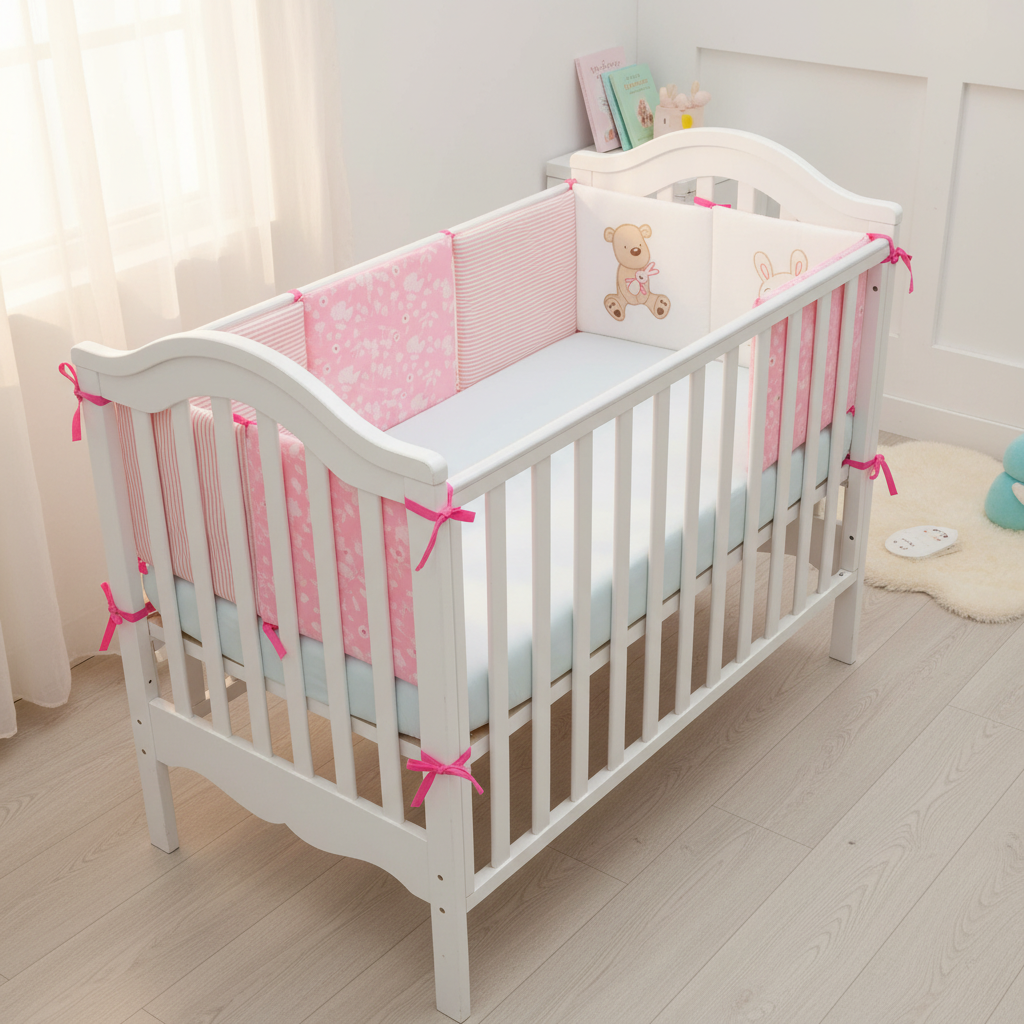 Tour de lit bébé rose installé à l'intérieur du berceau