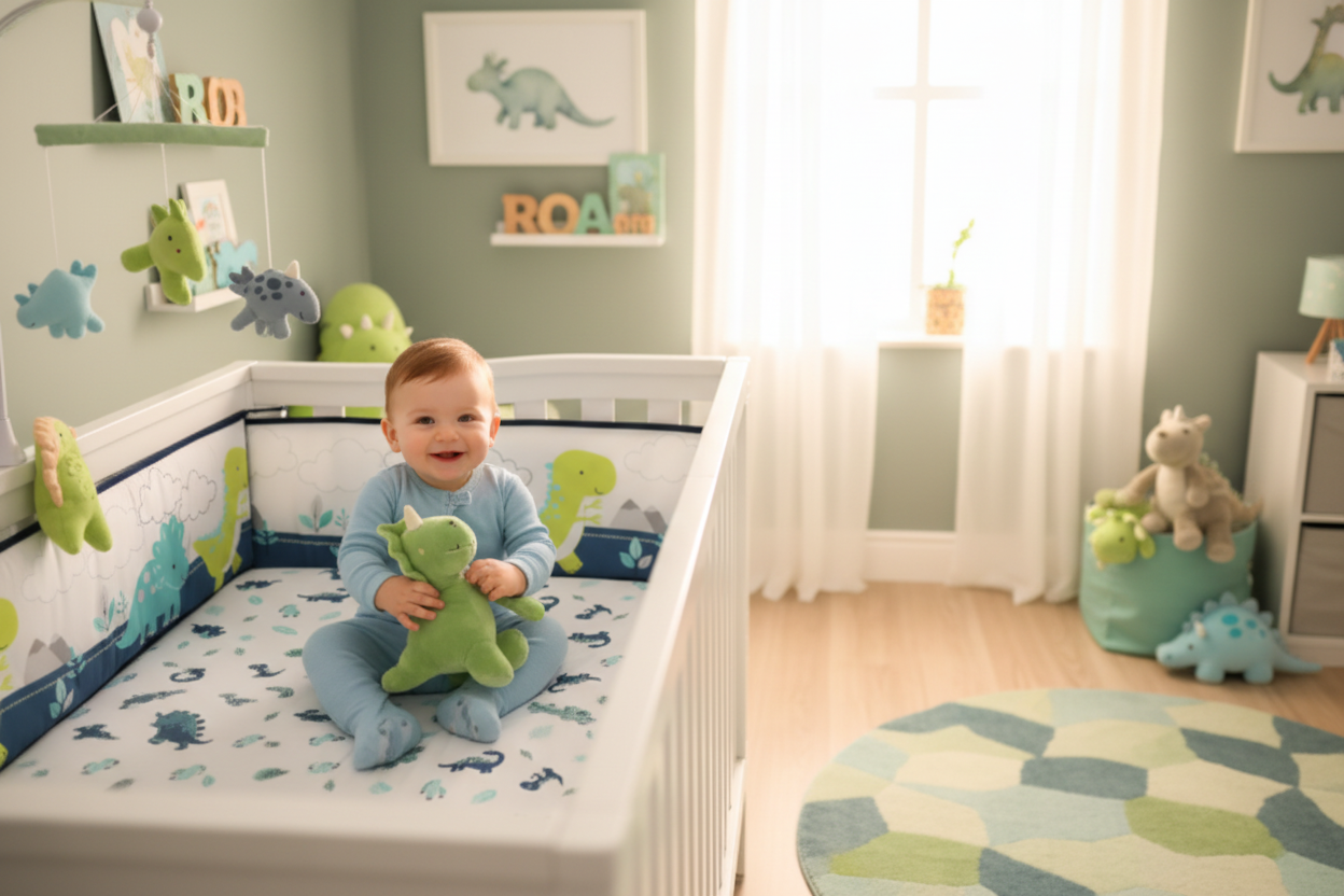Tour de lit bebe vert lime et turquoise  bébé souriant