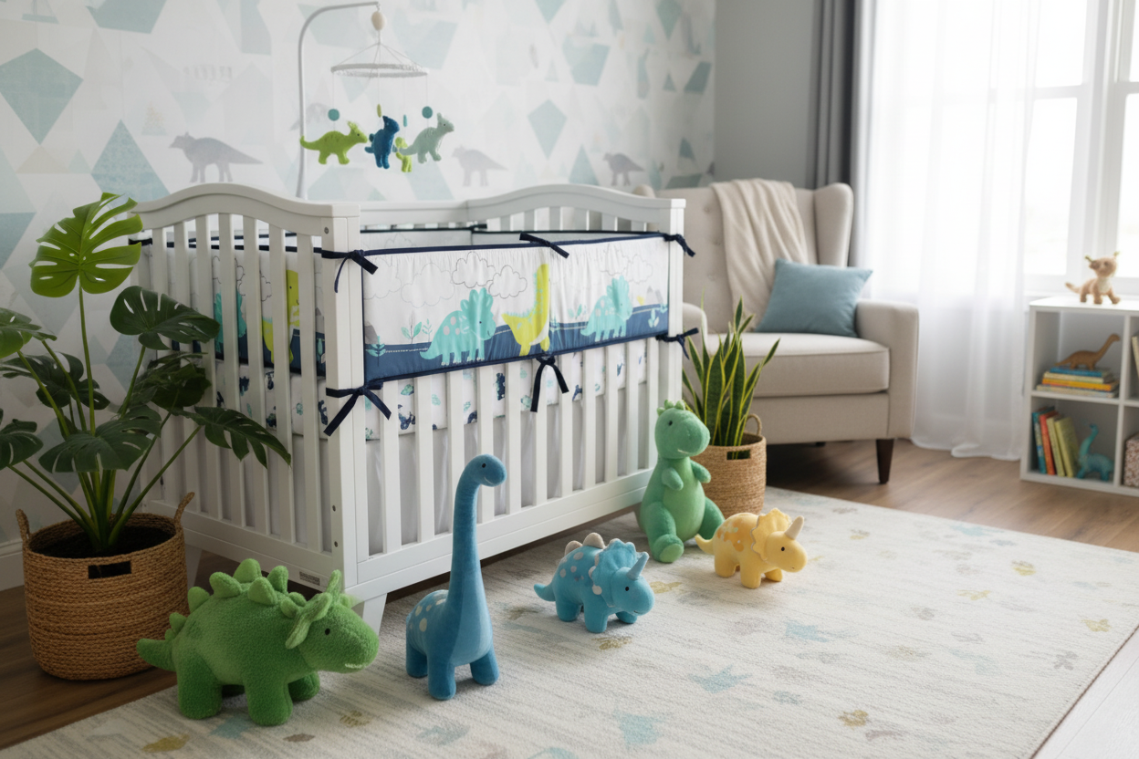 Tour de lit bebe  vert lime et turquoise dans chambre décorée dinosaure