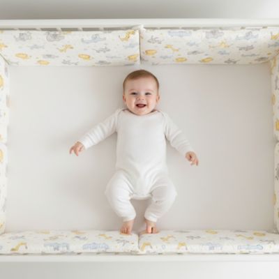 Tour de lit bébé vue au dessus bébé souriant