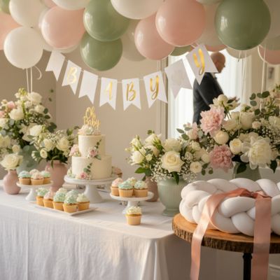 Tour de lit tresse blanc cadeau shower bébé cup cake fleurs ballons