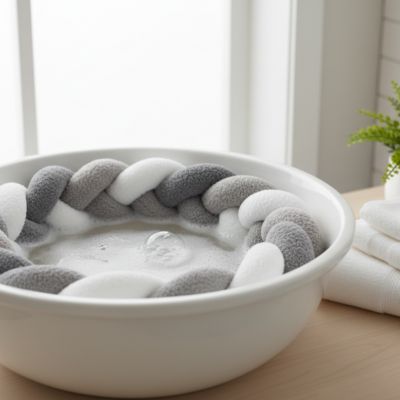 Tour de lit tresse gris blanc lessive trempage eau savonneuse