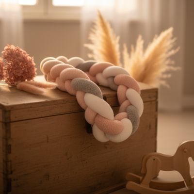 Tour de lit tresse rose gris blanc coffre cheval bois fleurs