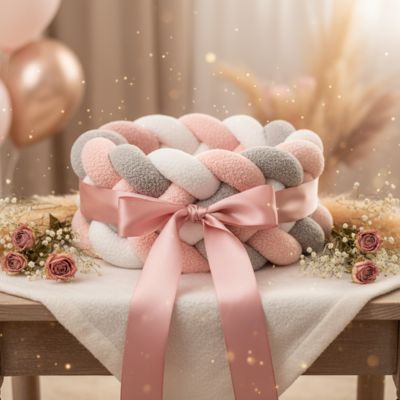 Tour de lit tresse rose gris blanc table ruban ballon fleurs séchées