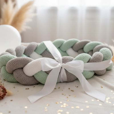 Tour de lit tresse vert gris blanc table confettis ruban blanc fleurs