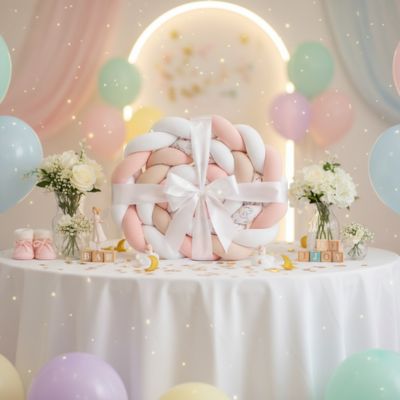 Tresse de lit bebe emballée ruban satin ballons fleurs confettis