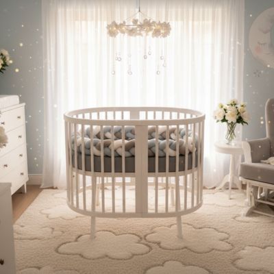 Tresse de lit bebe gris bleu blanc lit rond bois blanc