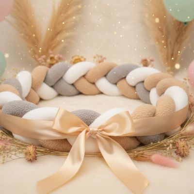Tresse de lit bebe grise beige blanc sol ballons fleurs séchées ruban
