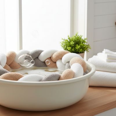 Tresse de lit bebe grise beige blanc trempage lessive eau savonneuse
