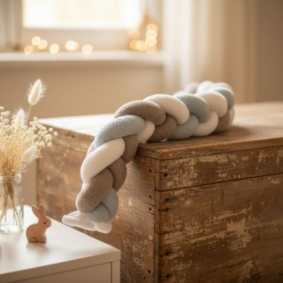 Tresse de lit bebe grise bleue blanche coffre antique