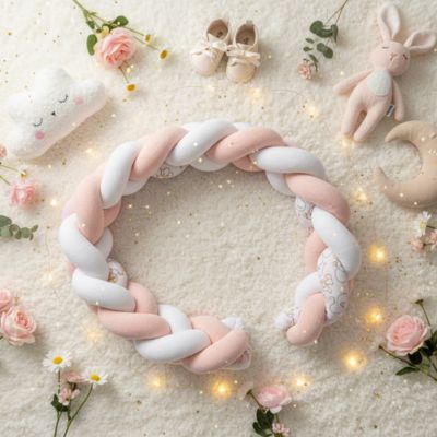 Tresse de lit bebe rose vue dessus sur tapis blanc peluches chaussons fleurs