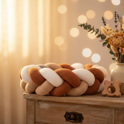 Tresse de lit bebe terracotta beige blanc table bois lumière scintillante