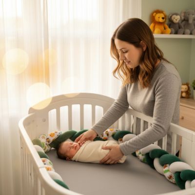 Tresse de lit bebe vert blanc maman dépose bébé lit