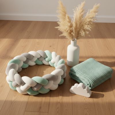 Tresse de lit bébé vert menthe gris blanc sol déco