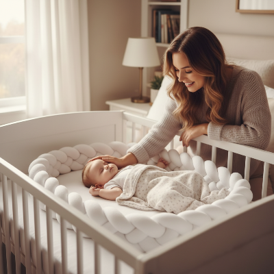 Tresse de lit blanc maman caresse bébé dormant 