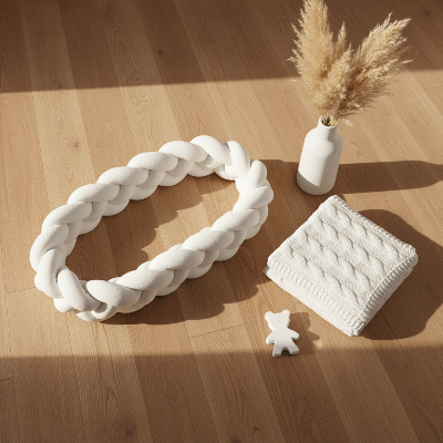 Tresse de lit blanche 3 brins avec déco sur parquet