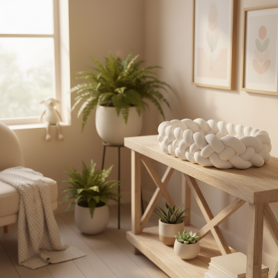 Tresse de lit blanche étagère en bois et plantes