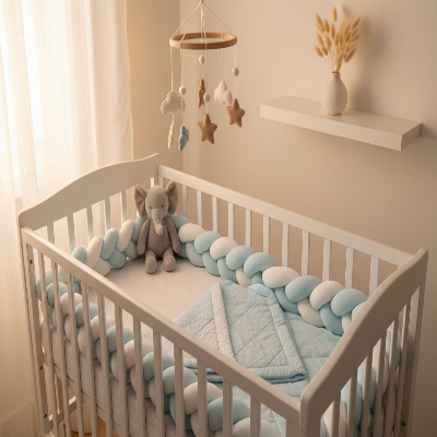 Tresse de lit bleue et blanche avec mobile et éléphant en peluche