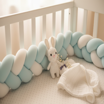 Tresse de lit bleue et blanche vue de très près avec décorations
