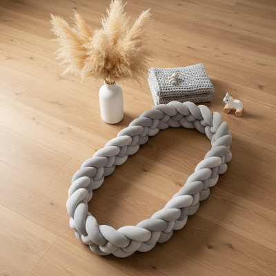 Tresse de lit gris clair avec déco sur parquet