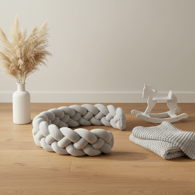 Tresse de lit gris pâle 3 brins avec déco sur parquet