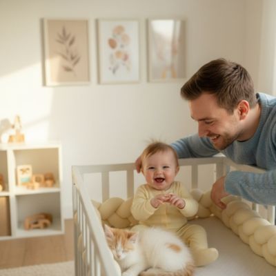 Tresse de lit jaune bébé lit papa souriant