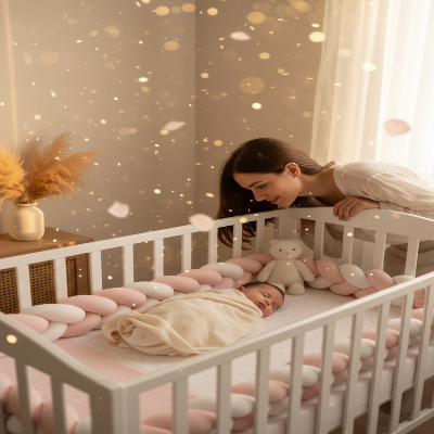 Tresse de lit rose et blanche scène féerique maman et bébé endormi