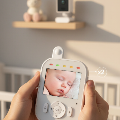 Zoom x2 baby monitor main maman chambre enfant peluche